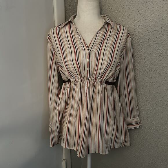 Motherhood Maternity Tops - Motherhood Maternity Striped Button Up Tie Belt Elastic Waist Top L Multicolor